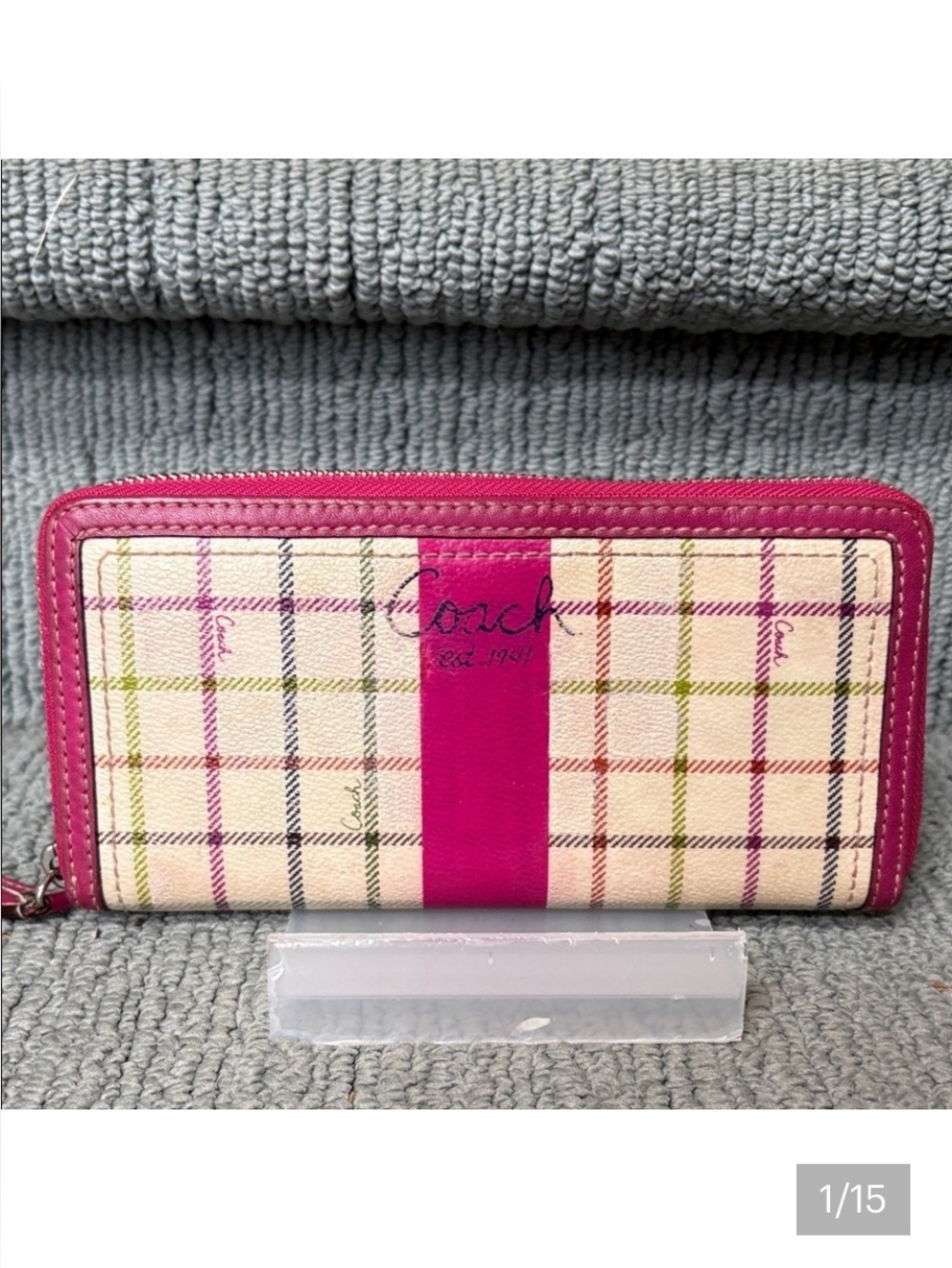 Coach  long wallet  zippy wallet tattersall print coated canvas pink stripe EUC